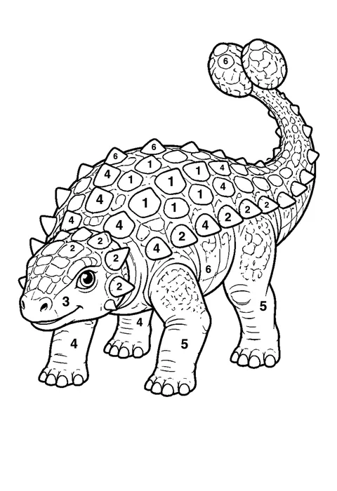 Ankylosaurus with club tail coloring page with numbered areas and a color key for color by number
