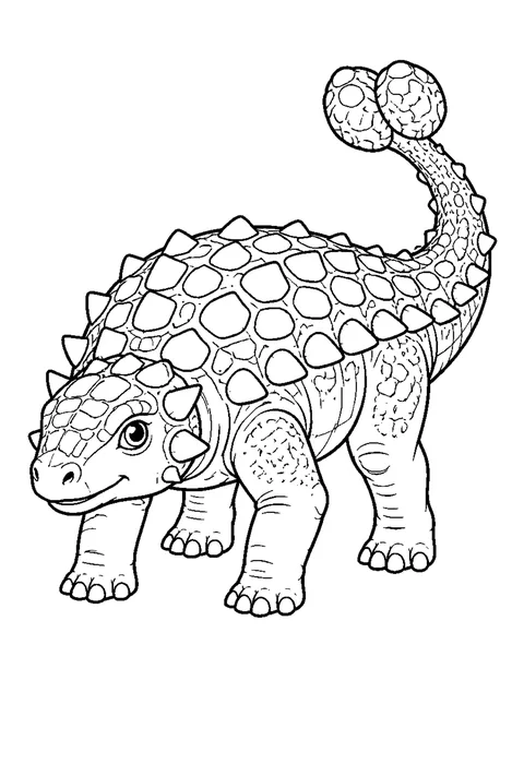 Detailed outline drawing of an ankylosaurus covered in rows of armor plates with a heavy club at the end of its tail.