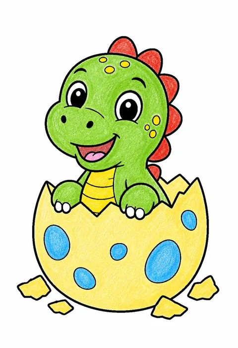 Completed crayon-colored example of the Baby dinosaur hatching coloring page