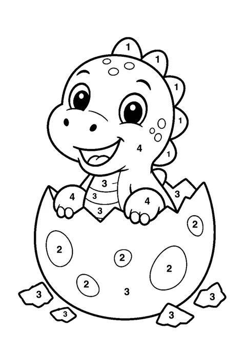 Baby dinosaur hatching coloring page with numbered areas and a color key for color by number