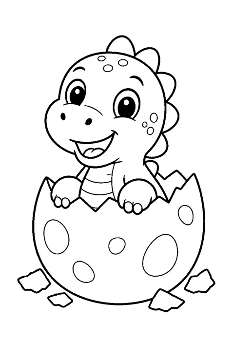 Line drawing of a baby dinosaur poking its head and one foot out of a cracked egg.