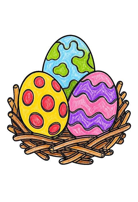 Completed crayon-colored example of the Dinosaur egg nest coloring page