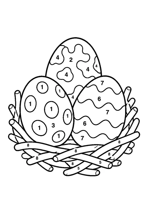 Dinosaur egg nest coloring page with numbered areas and a color key for color by number