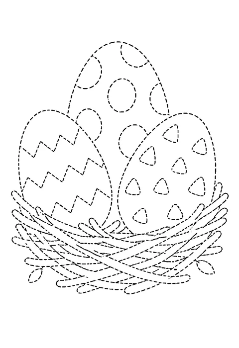 Tracing outline of four dinosaur eggs in a nest of twigs, all drawn in dashed guide lines.