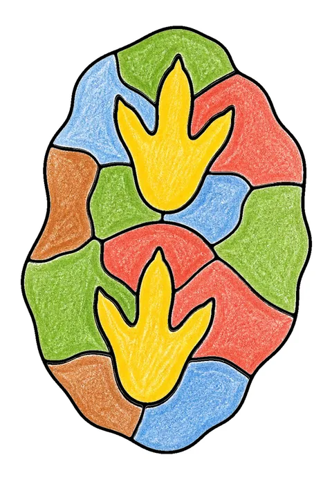 Completed crayon-colored example of the Dinosaur footprints coloring page
