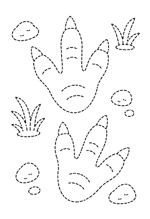 Tracing outline of a trail of three-toed dinosaur footprints drawn in dashed lines across the page.