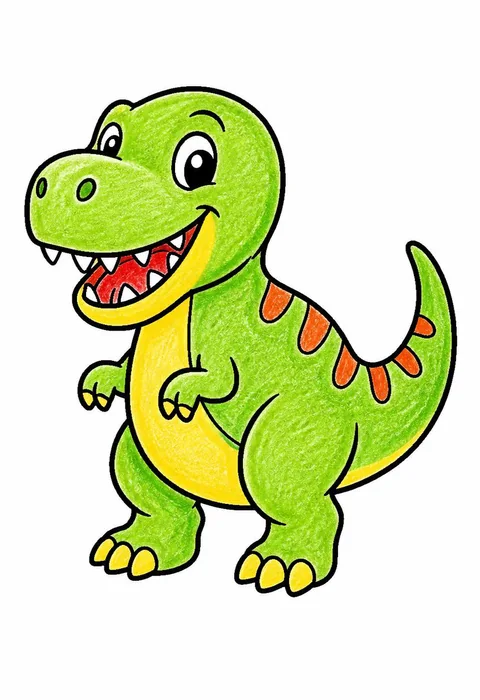 Completed crayon-colored example of the Friendly T-Rex coloring page