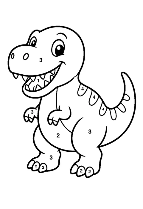 Friendly T-Rex coloring page with numbered areas and a color key for color by number