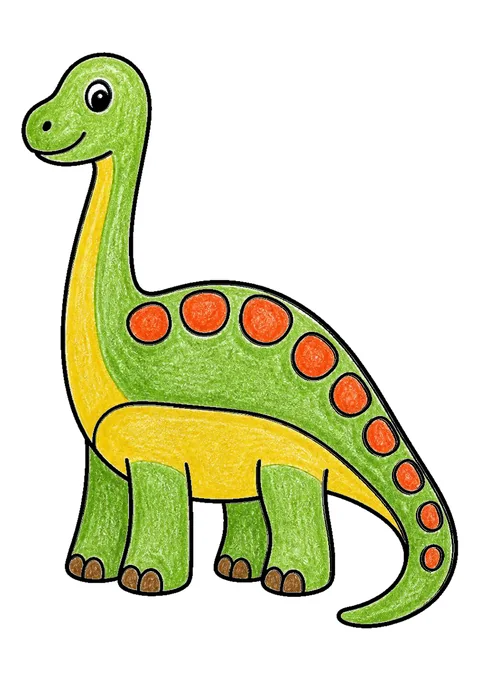 Completed crayon-colored example of the Long-neck brachiosaurus coloring page
