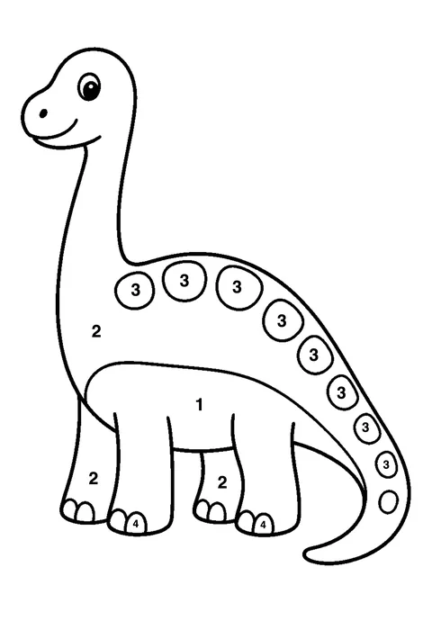 Long-neck brachiosaurus coloring page with numbered areas and a color key for color by number
