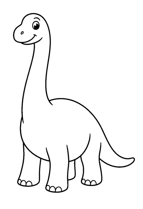 Line drawing of a brachiosaurus with a very long neck reaching up toward tree leaves at the top of the page.