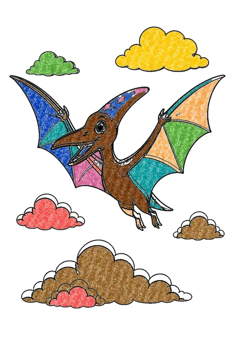 Completed crayon-colored example of the Pterodactyl in flight coloring page