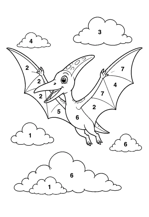 Pterodactyl in flight coloring page with numbered areas and a color key for color by number
