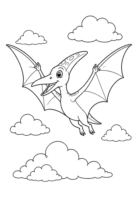 Detailed outline drawing of a pterodactyl in flight seen from below, wings spread wide and a crest on its head.