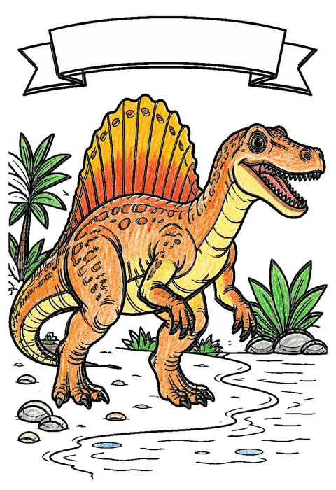 Completed crayon-colored example of the Spinosaurus by the river coloring page