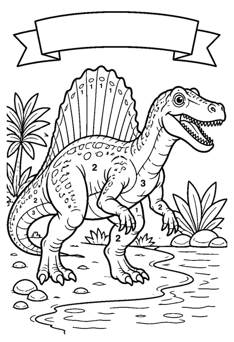 Spinosaurus by the river coloring page with numbered areas and a color key for color by number