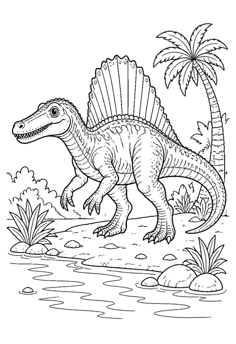 Detailed outline drawing of a spinosaurus wading in a river, the tall sail on its back drawn rib by rib.