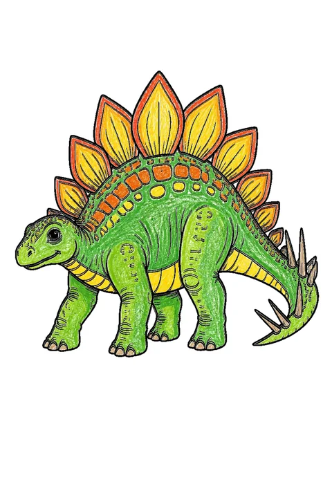 Completed crayon-colored example of the Stegosaurus with plates coloring page