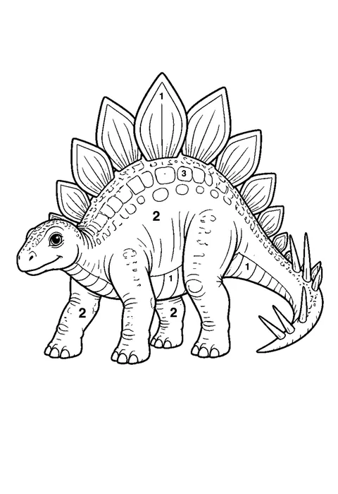 Stegosaurus with plates coloring page with numbered areas and a color key for color by number