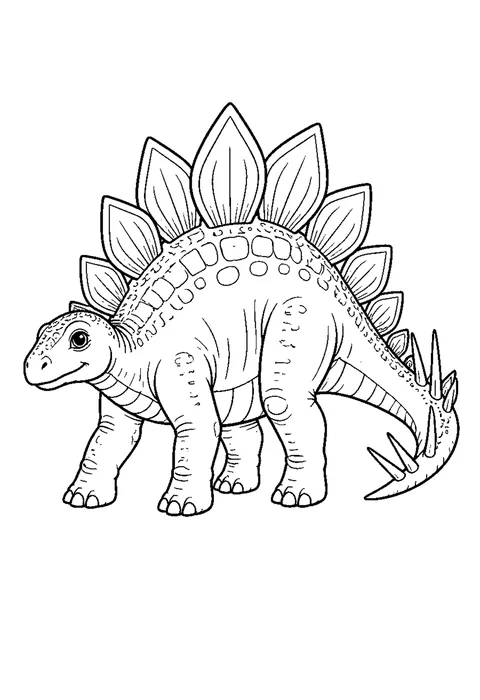 Detailed outline drawing of a stegosaurus in profile with two rows of separately drawn back plates and a spiked tail.