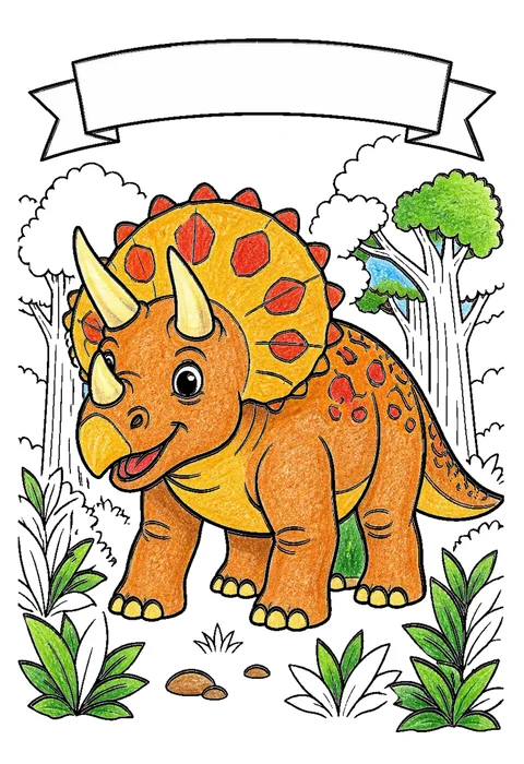 Completed crayon-colored example of the Triceratops in the forest coloring page