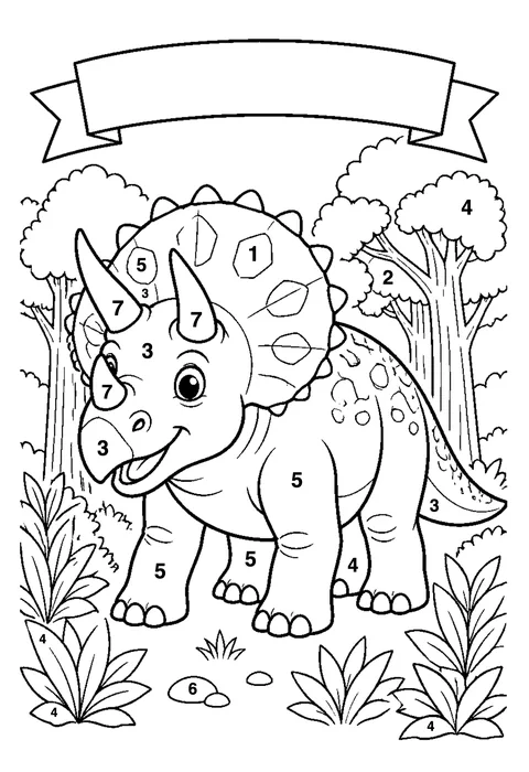 Triceratops in the forest coloring page with numbered areas and a color key for color by number