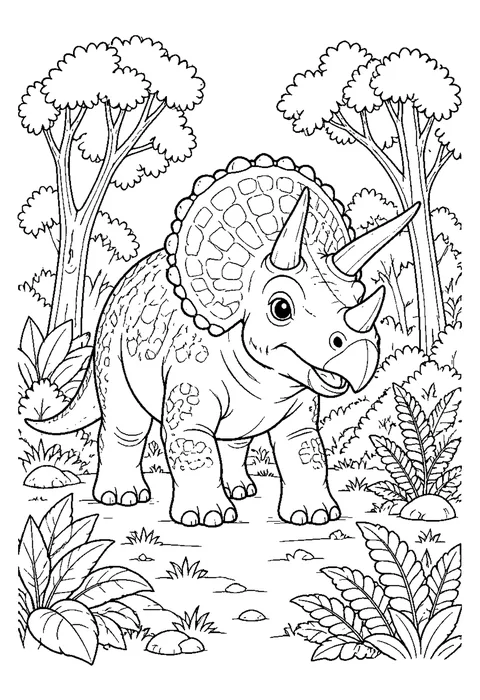Detailed outline drawing of a triceratops standing among ferns and tree trunks, its neck frill divided into sections.