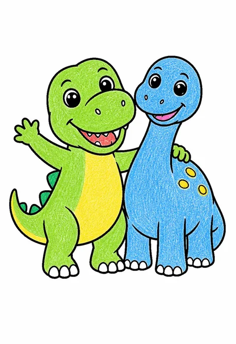 Completed crayon-colored example of the Two dinosaur friends coloring page