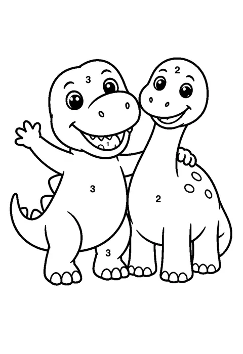 Two dinosaur friends coloring page with numbered areas and a color key for color by number