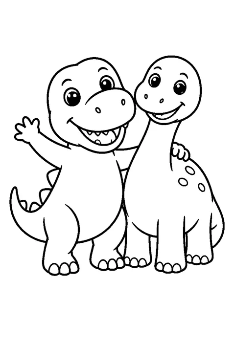 Line drawing of two cartoon dinosaurs standing side by side, the smaller one leaning against the taller one.