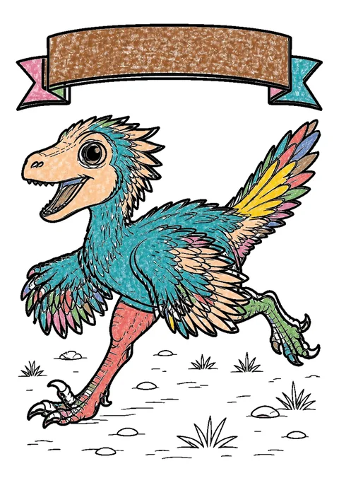 Completed crayon-colored example of the Velociraptor running coloring page