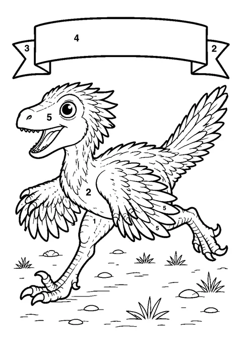 Velociraptor running coloring page with numbered areas and a color key for color by number