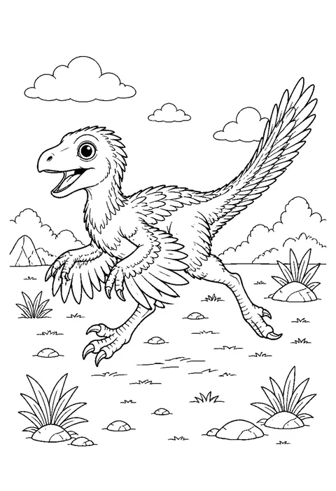 Detailed outline drawing of a velociraptor running with one foot lifted, feathers drawn along its arms and tail.