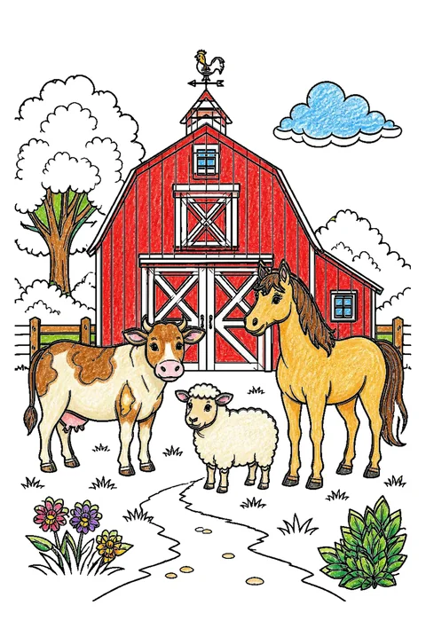 Completed crayon-colored example of the Barn with animals coloring page