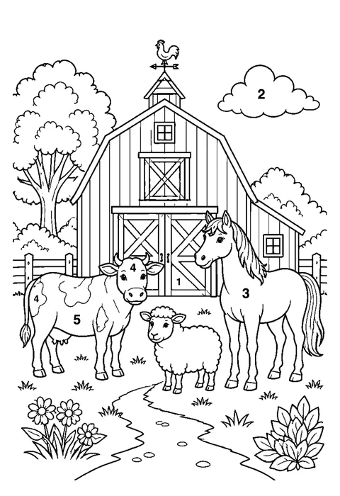 Barn with animals coloring page with numbered areas and a color key for color by number