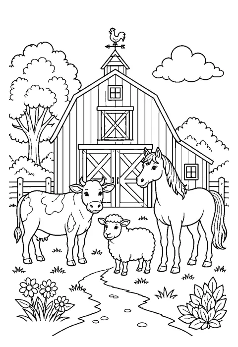 Detailed outline drawing of a barn with open doors and a weather vane, with a cow, pig and hens in the yard.