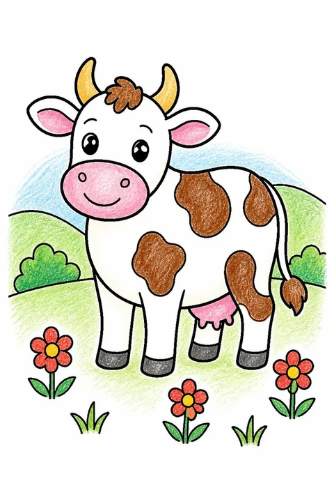 Completed crayon-colored example of the Cow in the meadow coloring page