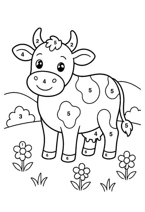 Cow in the meadow coloring page with numbered areas and a color key for color by number