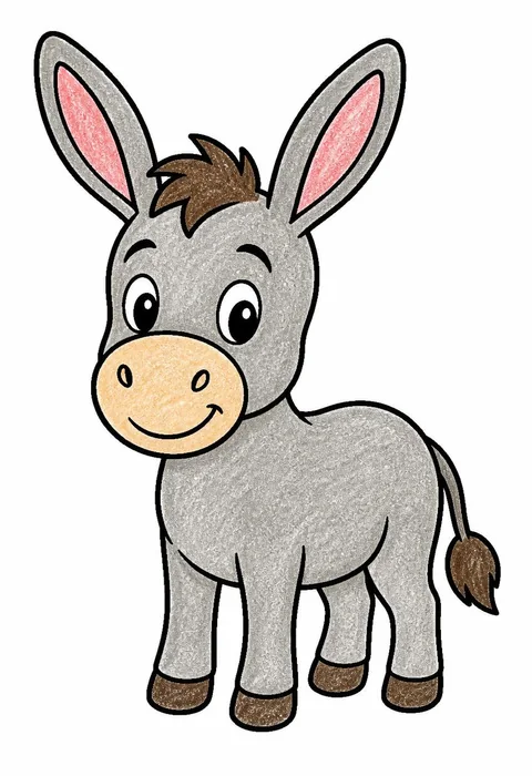 Completed crayon-colored example of the Donkey with long ears coloring page