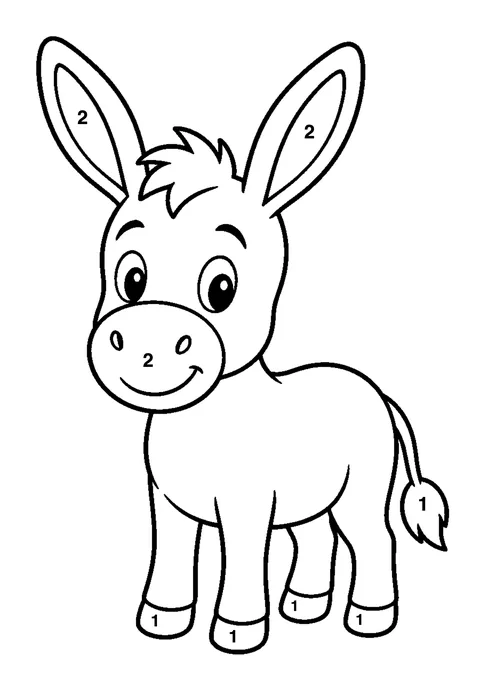 Donkey with long ears coloring page with numbered areas and a color key for color by number