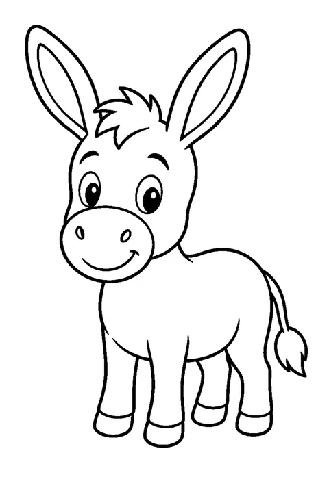 Line drawing of a donkey facing forward with both long ears upright and a short mane between them.