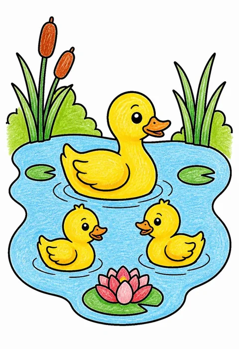 Completed crayon-colored example of the Duck pond coloring page