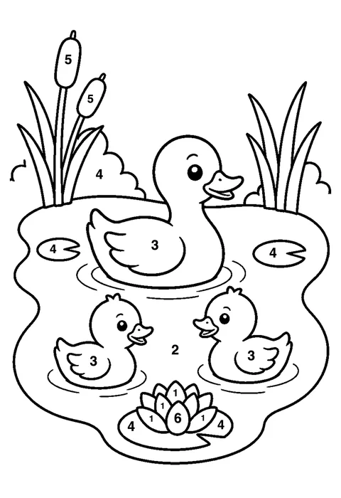 Duck pond coloring page with numbered areas and a color key for color by number