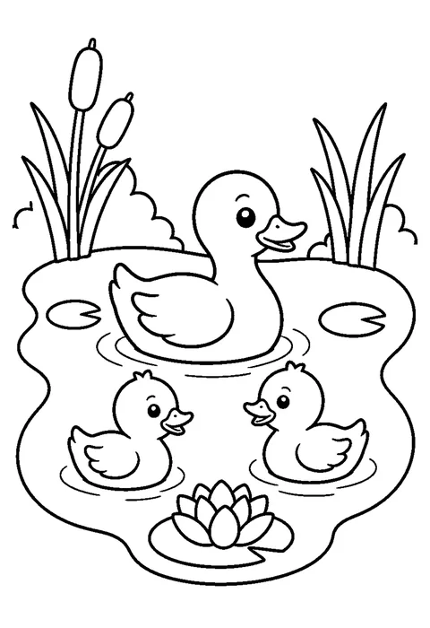 Line drawing of a duck swimming with two ducklings following, ripples behind them and reeds at the edge.