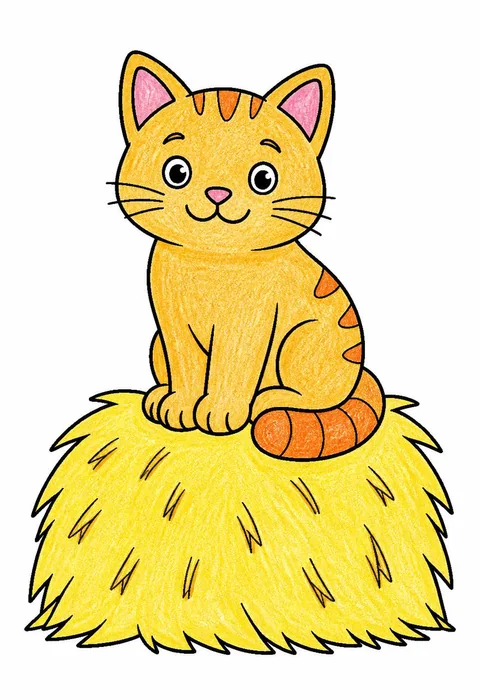 Completed crayon-colored example of the Farm cat on a haystack coloring page