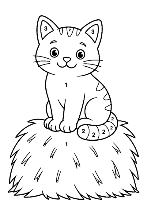 Farm cat on a haystack coloring page with numbered areas and a color key for color by number