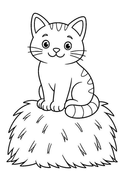 Line drawing of a cat sitting on top of a round hay bale with its tail hanging down the side.