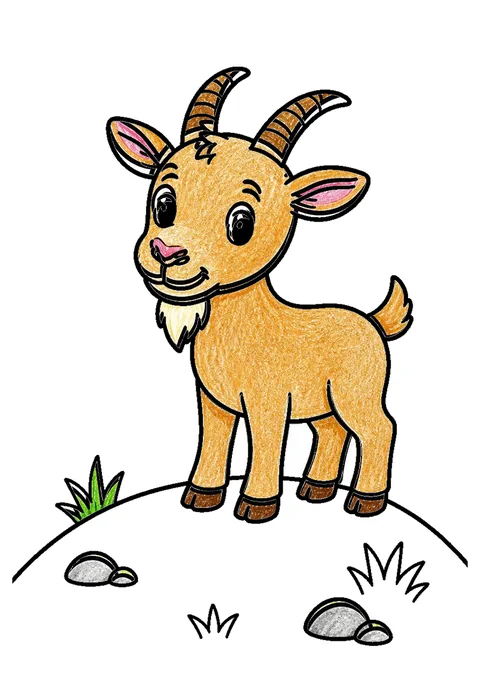 Completed crayon-colored example of the Goat on a hill coloring page
