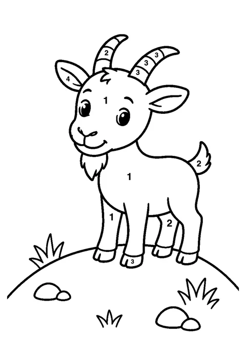 Goat on a hill coloring page with numbered areas and a color key for color by number