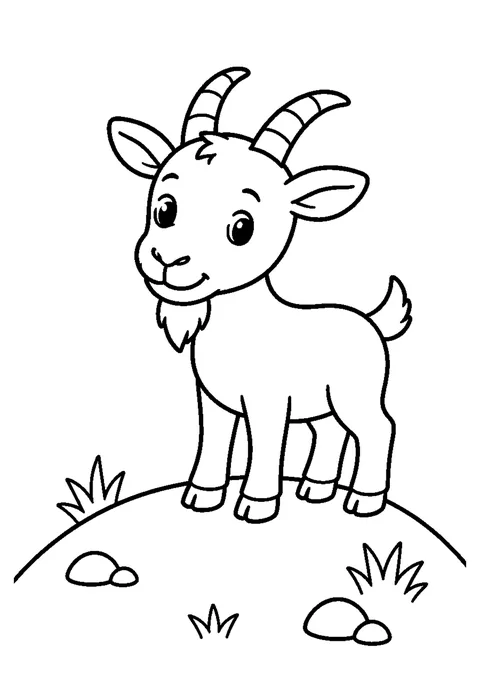 Line drawing of a goat with short curved horns and a beard standing on a small grassy hill.